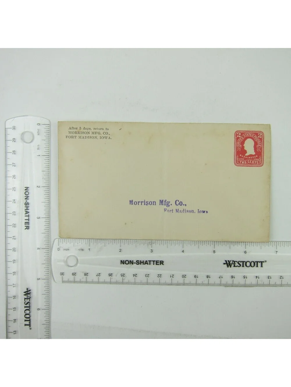 US Postal Stationery Morrison Mfg Co Fort Madison Iowa 2 cent Washington Antique
